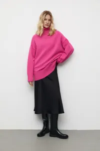 Femme pull col roule rose vif pour hiver manches longues mode tricot doux elegant top