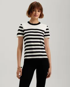 Women black and white striped short sleeve knit sweater crewneck casual top detail shot.