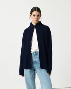 Close-up view of the dark blue ribbed knit half-turtleneck zipper cardigan sweater texture.