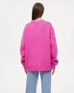Back view detail of women pink knit sweater, cozy long sleeve casual pullover top.