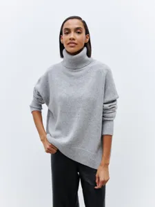 Women grey turtleneck sweater autumn winter loose knit pullover casual long sleeve top.