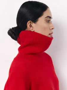 Women red turtleneck sweater autumn winter casual knit pullover long sleeve top basic style