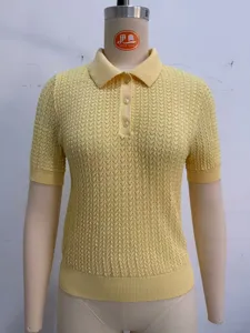 Women yellow short sleeve knit polo shirt summer casual stylish slim pullover top wear