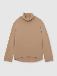 Detailed view of a cozy camel turtleneck sweater with ribbed cuffs and hem for winter warmth.