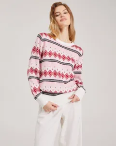 Women's pink geometric jacquard crew neck long sleeve knit sweater for autumn winter daily wear.