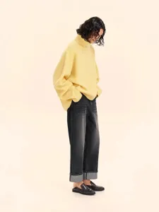 Women yellow oversized turtleneck knit sweater casual winter warm pullover apparel