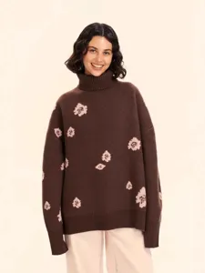 Women's Loose Floral Jacquard High Neck Knitted Sweater Viscose Blend Long Sleeve Drop Shoulder Casual Winter Top