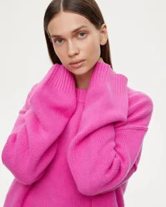 Women casual loose pink knit sweater autumn winter crewneck long sleeve pullover top