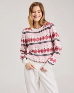 Pink Nordic Jacquard Knit Sweater Women Crewneck Long Sleeve Autumn Winter Casual Top.