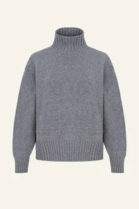 Women grey turtleneck knit sweater, casual loose autumn winter long sleeve pullover top.