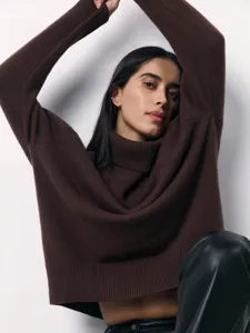 Women's autumn winter brown turtleneck sweater loose long sleeve knit pullover casual top