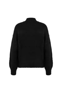 Black ribbed knit sweater back detail, cozy high collar winter pullover close-up view