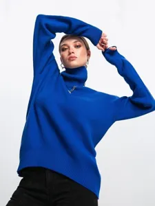 Women royal blue turtleneck sweater loose autumn winter long sleeve knitwear top chic