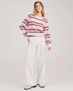 Women Pink Geometric Pattern Crew Neck Knit Sweater Autumn Long Sleeve Casual Pullover