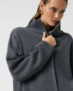 Close-up detail view of the dark grey ribbed knit high collar zip-up cardigan sweater texture.
