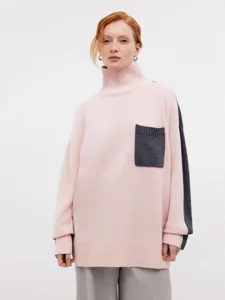 Women Turtleneck Sweater Loose Fit Color Block Knitwear Viscose Contrast Pocket Long Sleeve European Style Winter Top