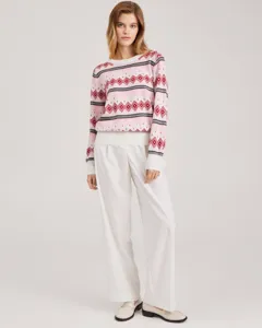 Women crewneck jacquard knit sweater casual long sleeve pullover for autumn winter