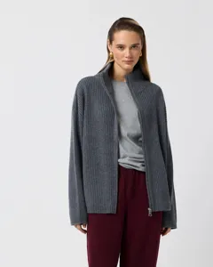 Grey ribbed knit zip cardigan detail, soft wool blend texture, high collar fashion wear.