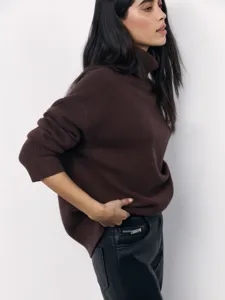 Cozy brown turtleneck knit sweater for women, perfect for autumn and winter casual daily wear.