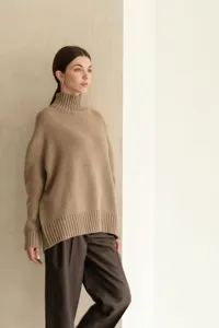 Women loose half-turtleneck knit sweater casual autumn winter camel long sleeve pullover top
