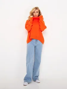 Women's orange oversized turtleneck knit sweater stylish casual autumn winter daily wear fashion