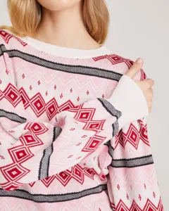 Women's pink patterned knit sweater, crew neck long sleeve Nordic geometric pullover winter fashion.