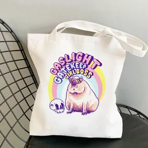 Cute cartoon capybara print canvas tote bag casual shoulder handbag for shopping daily use
