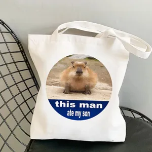 Cute capybara print canvas tote bag casual shoulder shopping bag for daily use and travel