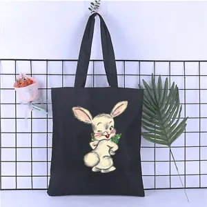 Cute cartoon rabbit print canvas tote bag, stylish casual retro shoulder shopping bag for students.