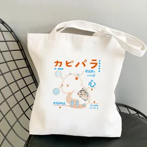 Cute Capybara cartoon print canvas tote bag, casual shoulder bag for daily use and shopping.