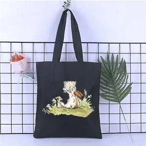 Cartoon rabbit print canvas tote bag, student fashion shoulder shopping bag for daily use.
