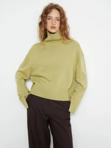 Women High Neck Knit Sweater Loose Fit Dropped Shoulder Long Sleeve Solid Color Pullover Autumn Winter Casual Top