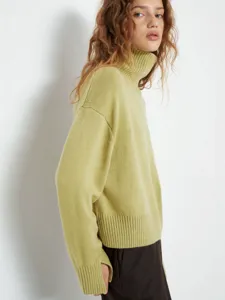 Women's solid color turtleneck knit sweater, casual loose autumn winter long sleeve top.