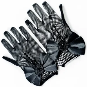 Black fishnet fingerless gloves with satin bow and laser glossy mesh design for party.