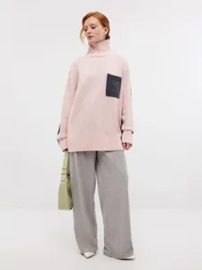 Women pink oversized turtleneck sweater with contrast pocket casual winter knit pullover top
