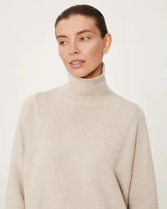 Women oversized turtleneck knit sweater detail, casual winter warm pullover apparel top.