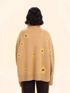 Women floral jacquard turtleneck sweater loose knit pullover autumn winter casual daily wear