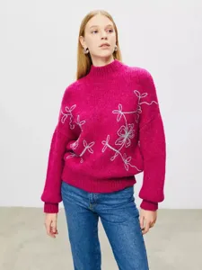 Women's Casual Mock Neck Long Sleeve Knit Sweater Elegant Floral Embroidered Pullover Thick Warm Top For Autumn Winter