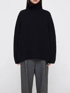 Women black turtleneck loose knit sweater autumn winter warm long sleeve pullover