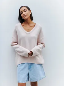 Oversized V-neck long sleeve knit sweater for women, comfortable autumn daily wear casual top.