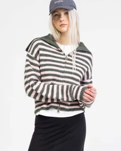 Detailed close-up shot of the striped half-zip knitted cardigan sweater, showing fabric texture.