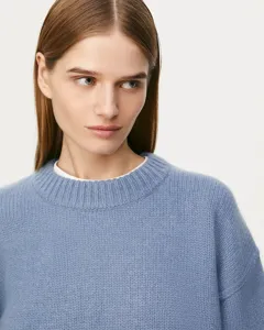 Classic women's crew neck knit sweater in light blue, casual loose fit cozy winter wear.
