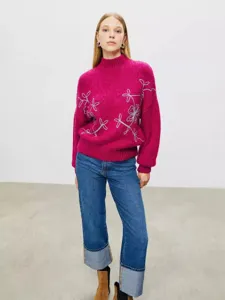 Stylish women's half-high collar knit sweater with delicate silver floral embroidery for autumn.