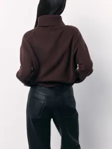 Women's casual turtleneck sweater long sleeve loose knit winter top dark brown chic style