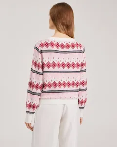 Women's pink geometric jacquard knit sweater, long sleeve crewneck pullover for autumn winter.