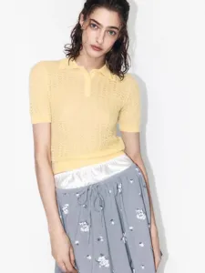 Womens short sleeve polo knit sweater summer casual stylish knitted top for daily wear