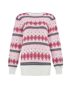 Pink crewneck knit sweater with geometric jacquard pattern, cozy long sleeve winter top.