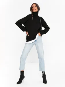 Women loose turtleneck sweater autumn winter casual black knitwear top model detail