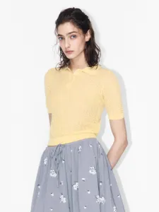 Women short sleeve polo knit sweater summer casual stylish yellow top main product view