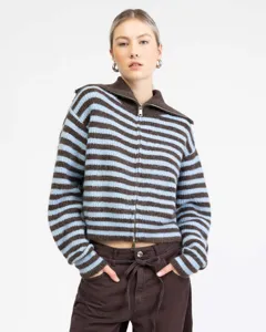 Close-up detail of the brown and light blue striped zip-up knit cardigan sweater.